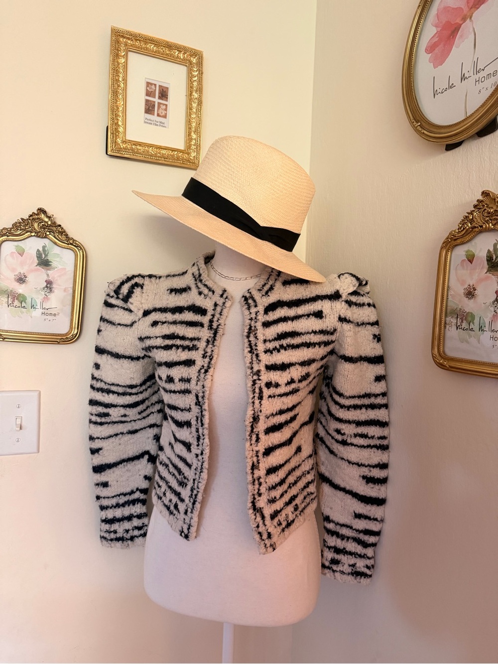 Ulla Johnson Black & Cream Zebra-Print Cropped Teddy Jacket 100%Merino Wool